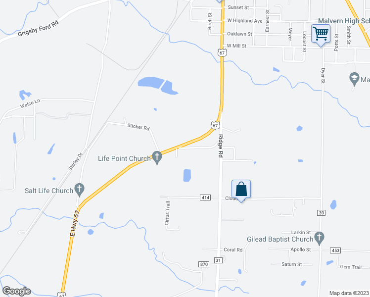 map of restaurants, bars, coffee shops, grocery stores, and more near 121 Russellville Road in Malvern