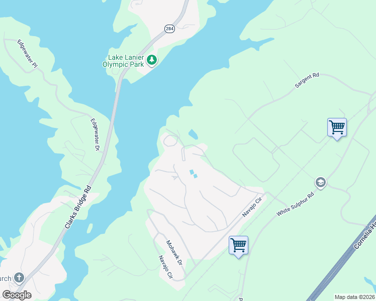 map of restaurants, bars, coffee shops, grocery stores, and more near 3085 The Lake Road in Gainesville