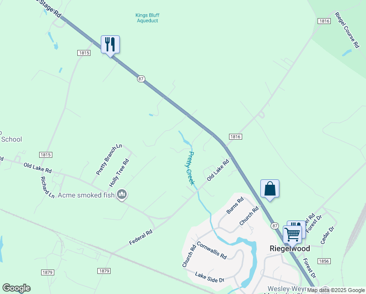 map of restaurants, bars, coffee shops, grocery stores, and more near 129 Eugenes Trail in Riegelwood