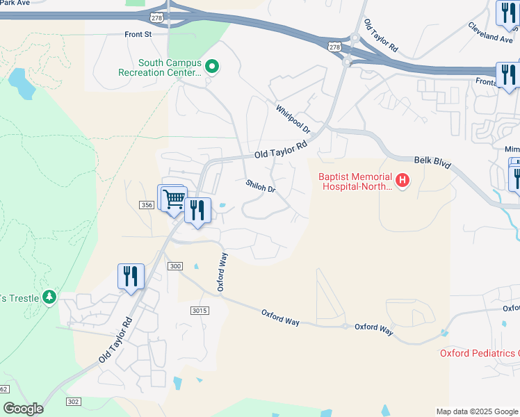 map of restaurants, bars, coffee shops, grocery stores, and more near 437 Beauregard Circle in Oxford