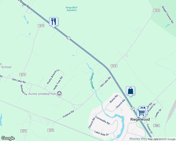map of restaurants, bars, coffee shops, grocery stores, and more near 129 Eugenes Trail in Riegelwood