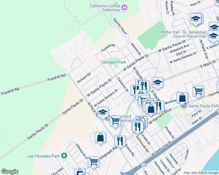 map of restaurants, bars, coffee shops, grocery stores, and more near 674 Center Lane in Santa Paula