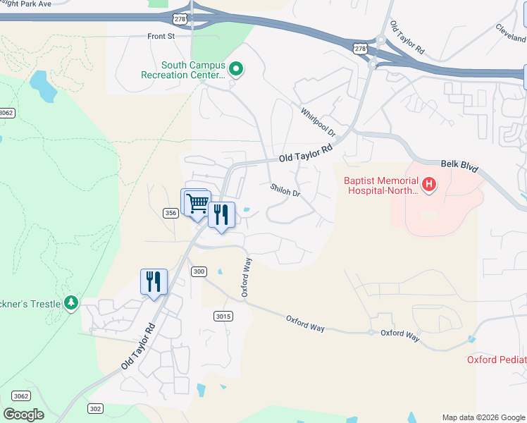 map of restaurants, bars, coffee shops, grocery stores, and more near 422 Beauregard Circle in Oxford