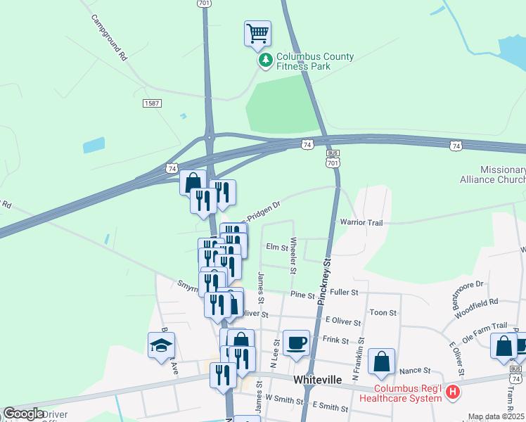 map of restaurants, bars, coffee shops, grocery stores, and more near in Whiteville
