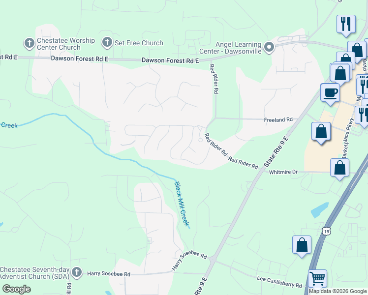 map of restaurants, bars, coffee shops, grocery stores, and more near 4 Dandelion Court in Dawsonville
