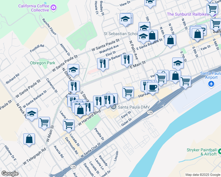 map of restaurants, bars, coffee shops, grocery stores, and more near 212 Moultrie Place in Santa Paula