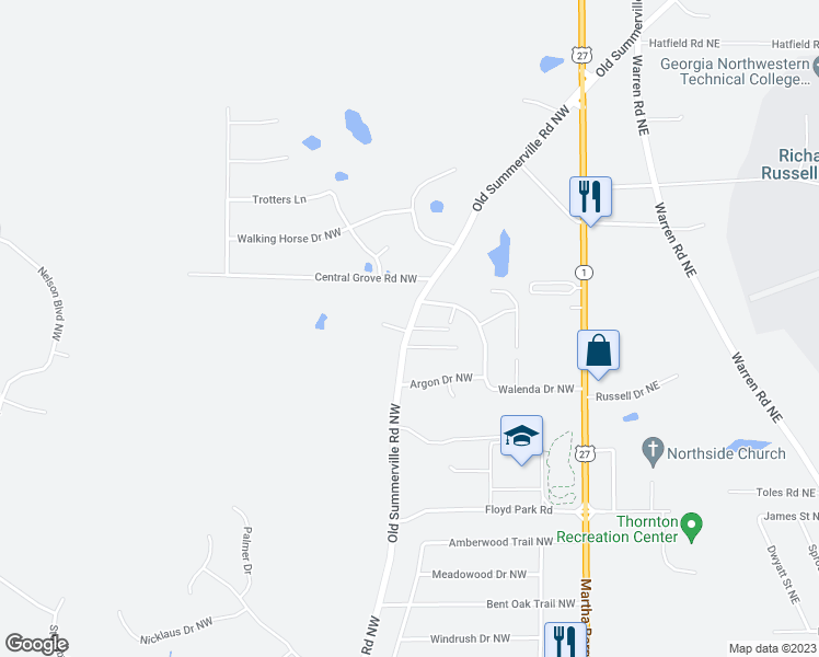map of restaurants, bars, coffee shops, grocery stores, and more near 1690 Old Summerville Road Northwest in Rome