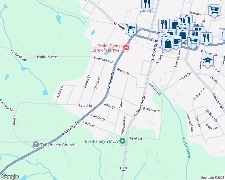 map of restaurants, bars, coffee shops, grocery stores, and more near 216 West Gibson Street in Hartwell