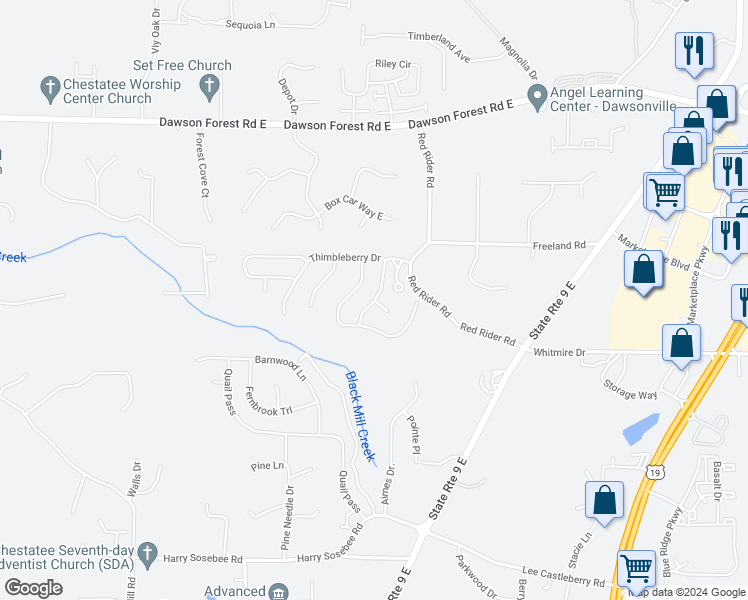 map of restaurants, bars, coffee shops, grocery stores, and more near Dandelion Court in Dawson County