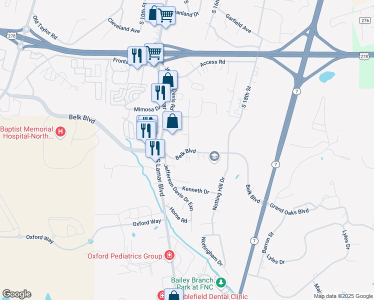 map of restaurants, bars, coffee shops, grocery stores, and more near 1301 Belk Boulevard in Oxford
