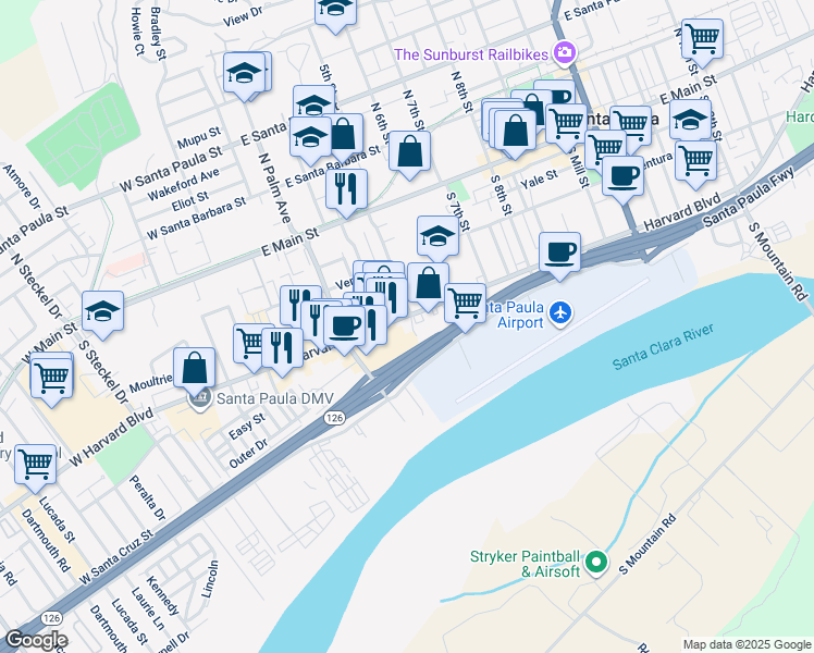 map of restaurants, bars, coffee shops, grocery stores, and more near 336 Harvard Boulevard in Santa Paula