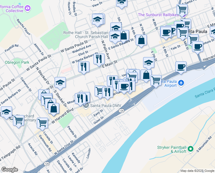 map of restaurants, bars, coffee shops, grocery stores, and more near 101 West Harvard Boulevard in Santa Paula