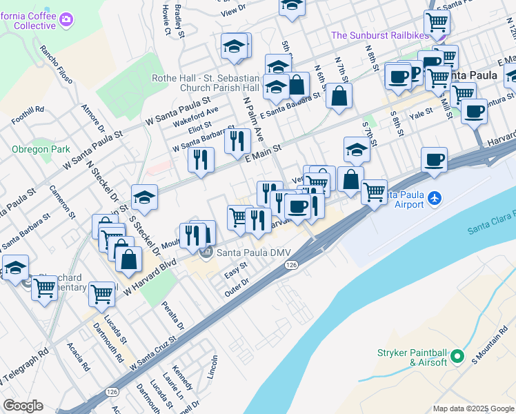 map of restaurants, bars, coffee shops, grocery stores, and more near 106 East Ventura Street in Santa Paula