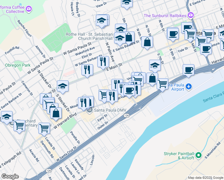 map of restaurants, bars, coffee shops, grocery stores, and more near 106 East Ventura Street in Santa Paula