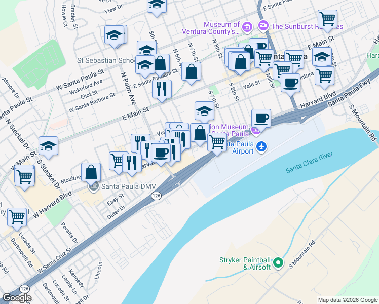 map of restaurants, bars, coffee shops, grocery stores, and more near 336 Harvard Boulevard in Santa Paula