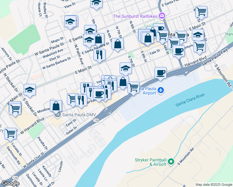 map of restaurants, bars, coffee shops, grocery stores, and more near 336 Harvard Boulevard in Santa Paula