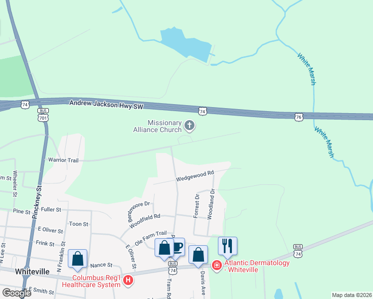 map of restaurants, bars, coffee shops, grocery stores, and more near 614 Warrior Trail in Whiteville