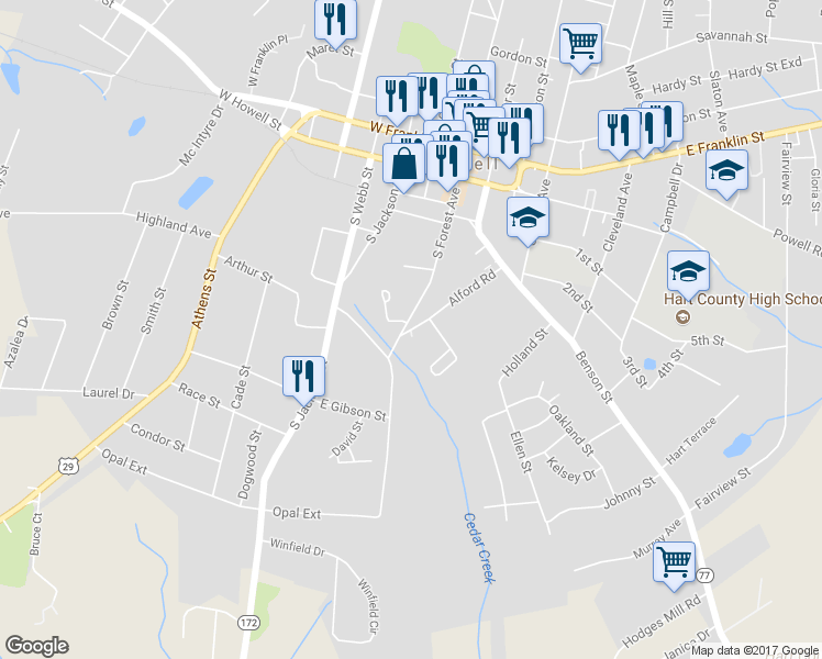 map of restaurants, bars, coffee shops, grocery stores, and more near 0 Saliba Drive in Hartwell