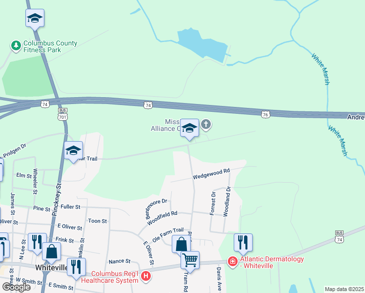 map of restaurants, bars, coffee shops, grocery stores, and more near 500 Warrior Trail in Whiteville