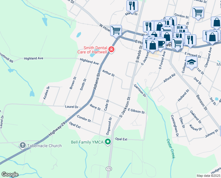 map of restaurants, bars, coffee shops, grocery stores, and more near 1-199 Cade Street in Hartwell