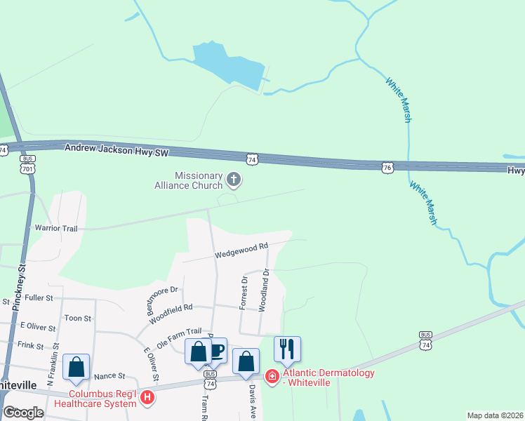 map of restaurants, bars, coffee shops, grocery stores, and more near 614 Warrior Trail in Whiteville