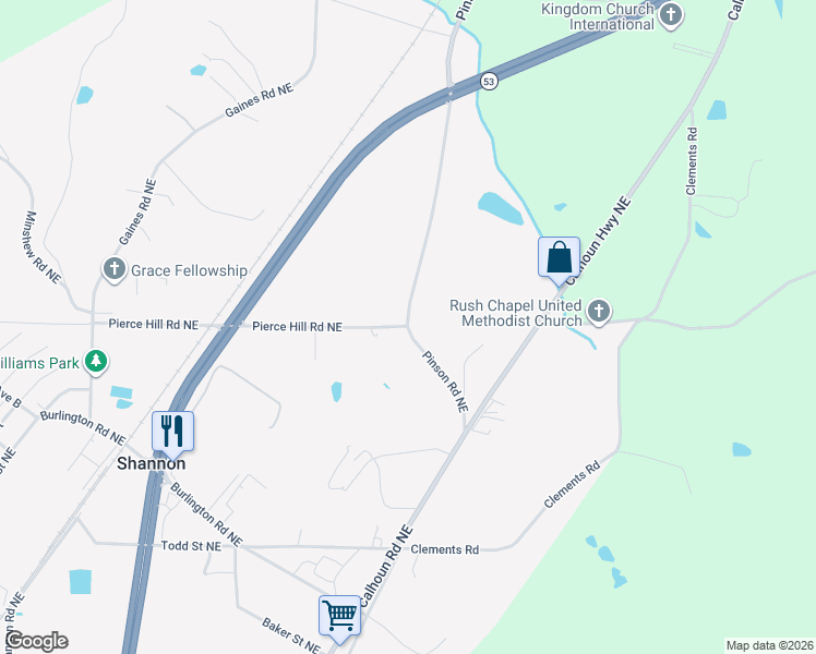 map of restaurants, bars, coffee shops, grocery stores, and more near 119 Pinson Road Northeast in Rome