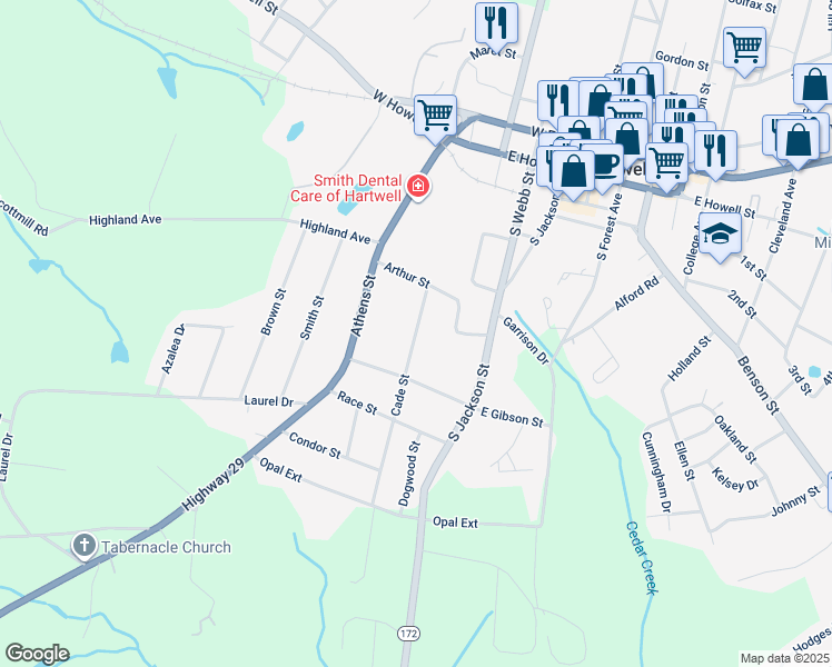 map of restaurants, bars, coffee shops, grocery stores, and more near 105 Cade Street in Hartwell