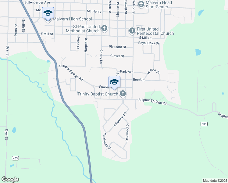 map of restaurants, bars, coffee shops, grocery stores, and more near 1400 Sulphur Springs Road in Malvern