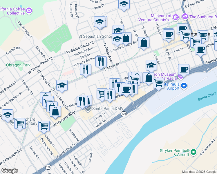 map of restaurants, bars, coffee shops, grocery stores, and more near 102 East Ventura Street in Santa Paula