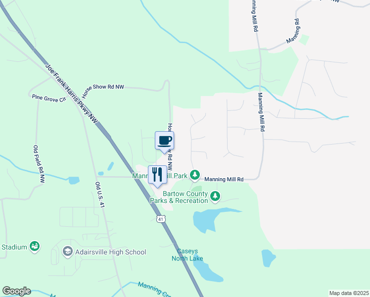 map of restaurants, bars, coffee shops, grocery stores, and more near 21 Manning Mill Way in Adairsville