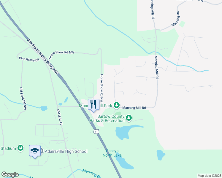 map of restaurants, bars, coffee shops, grocery stores, and more near 21 Manning Mill Way in Adairsville