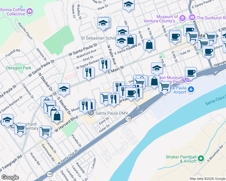map of restaurants, bars, coffee shops, grocery stores, and more near 102 East Ventura Street in Santa Paula