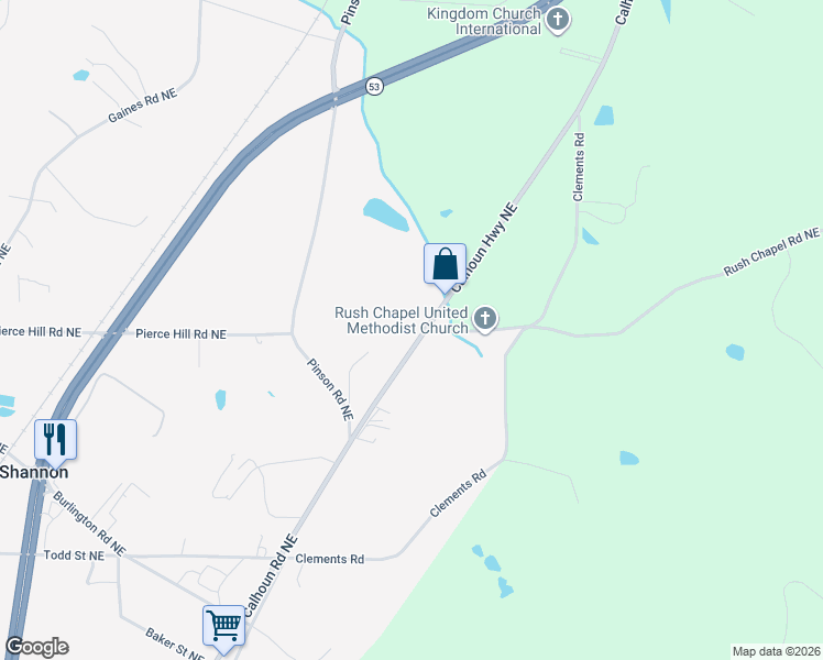 map of restaurants, bars, coffee shops, grocery stores, and more near 4976 Calhoun Road Northeast in Rome