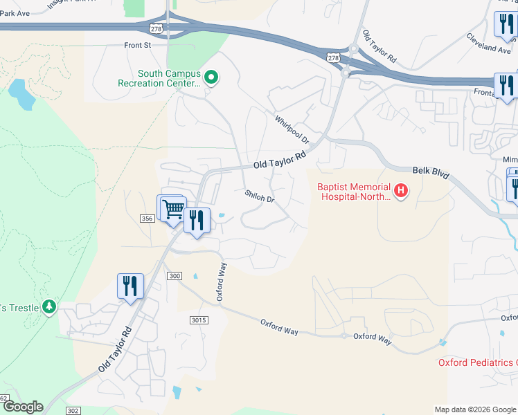 map of restaurants, bars, coffee shops, grocery stores, and more near Beauregard Circle in Oxford