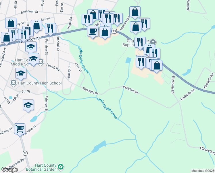 map of restaurants, bars, coffee shops, grocery stores, and more near 571 Parkdale Drive in Hartwell