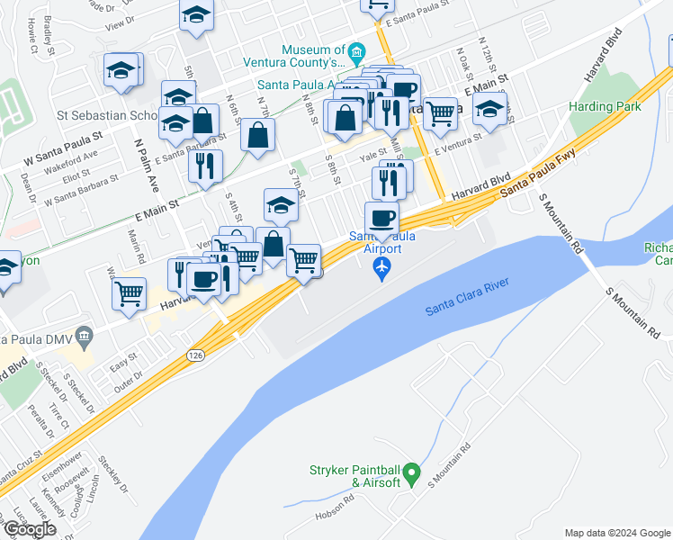 map of restaurants, bars, coffee shops, grocery stores, and more near 720 East Santa Maria Street in Santa Paula