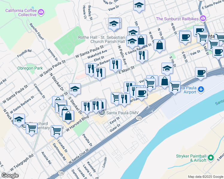 map of restaurants, bars, coffee shops, grocery stores, and more near 143 Warren Avenue in Santa Paula