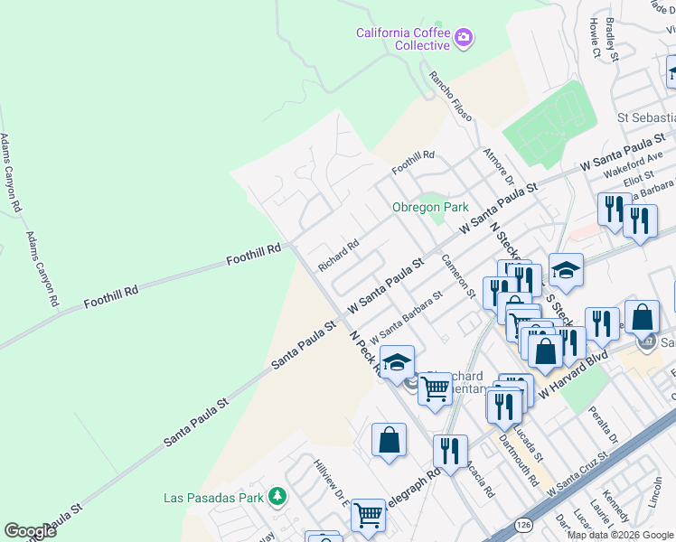 map of restaurants, bars, coffee shops, grocery stores, and more near 718 Richard Road in Santa Paula