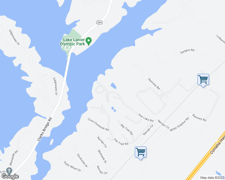 map of restaurants, bars, coffee shops, grocery stores, and more near 3012 The Lake Road in Gainesville