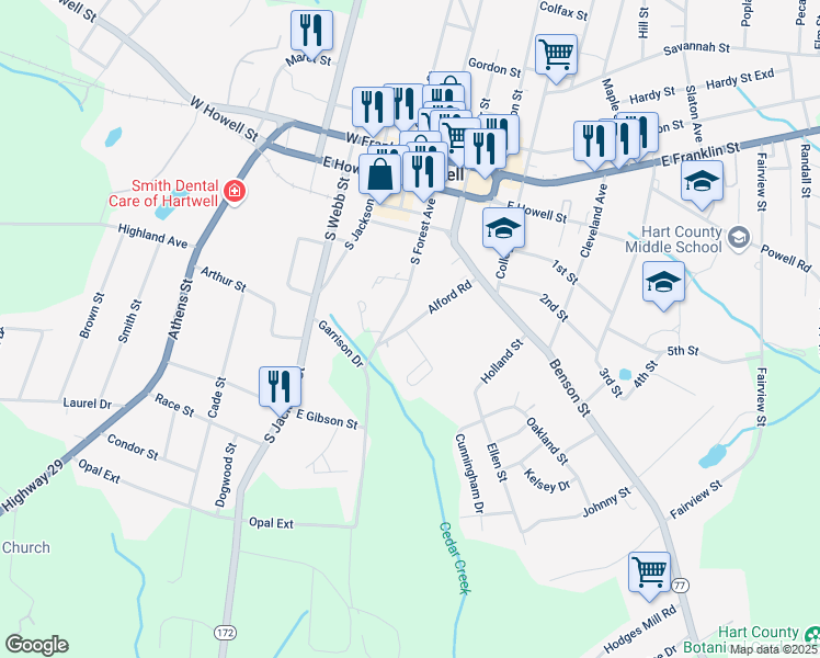 map of restaurants, bars, coffee shops, grocery stores, and more near 0 Saliba Drive in Hartwell