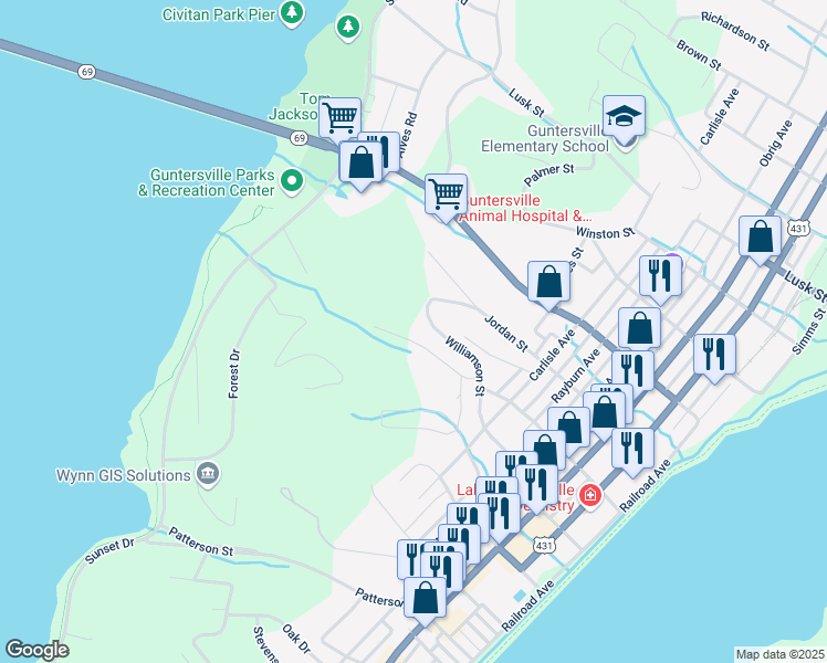 map of restaurants, bars, coffee shops, grocery stores, and more near 1812 Seibold Street in Guntersville