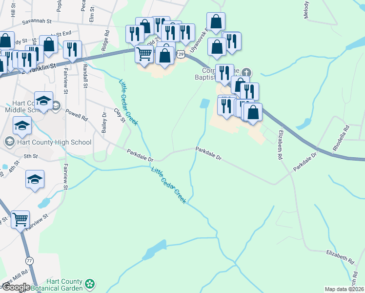 map of restaurants, bars, coffee shops, grocery stores, and more near 571 Parkdale Drive in Hartwell