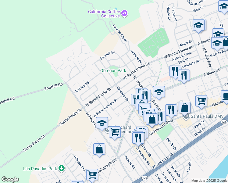 map of restaurants, bars, coffee shops, grocery stores, and more near 627 Center Lane in Santa Paula