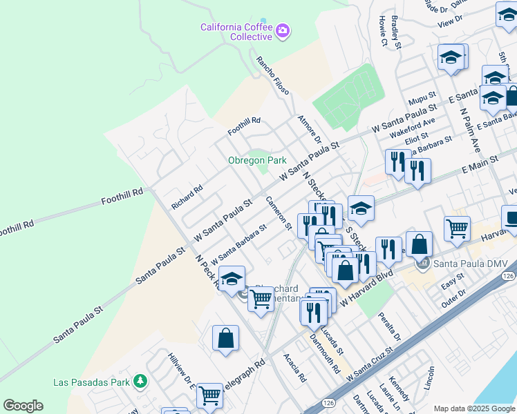 map of restaurants, bars, coffee shops, grocery stores, and more near 627 Center Lane in Santa Paula