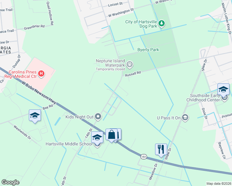 map of restaurants, bars, coffee shops, grocery stores, and more near 921 Spring Court in Hartsville