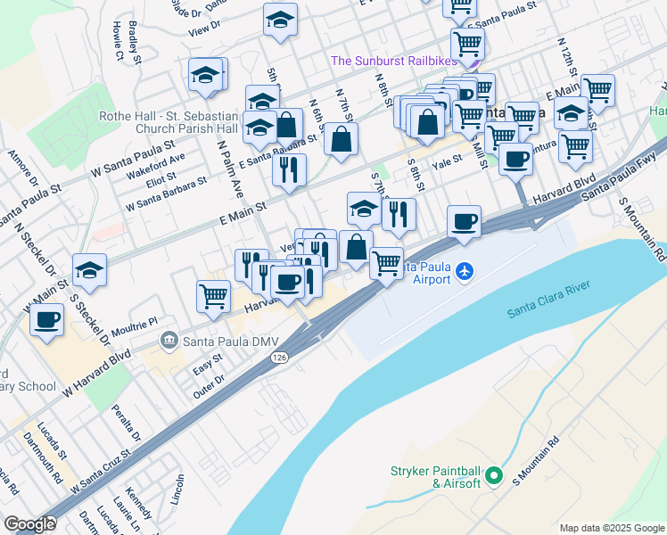map of restaurants, bars, coffee shops, grocery stores, and more near 237 South 4th Street in Santa Paula