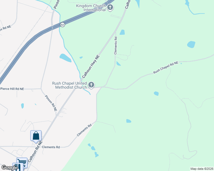 map of restaurants, bars, coffee shops, grocery stores, and more near 1248 Rush Chapel Road Northeast in Adairsville