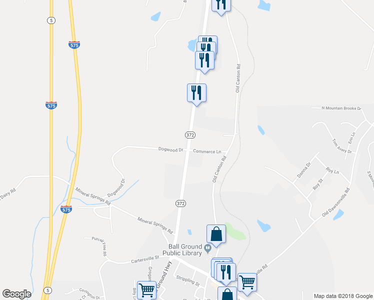 map of restaurants, bars, coffee shops, grocery stores, and more near 0 Dogwood Drive in Ball Ground
