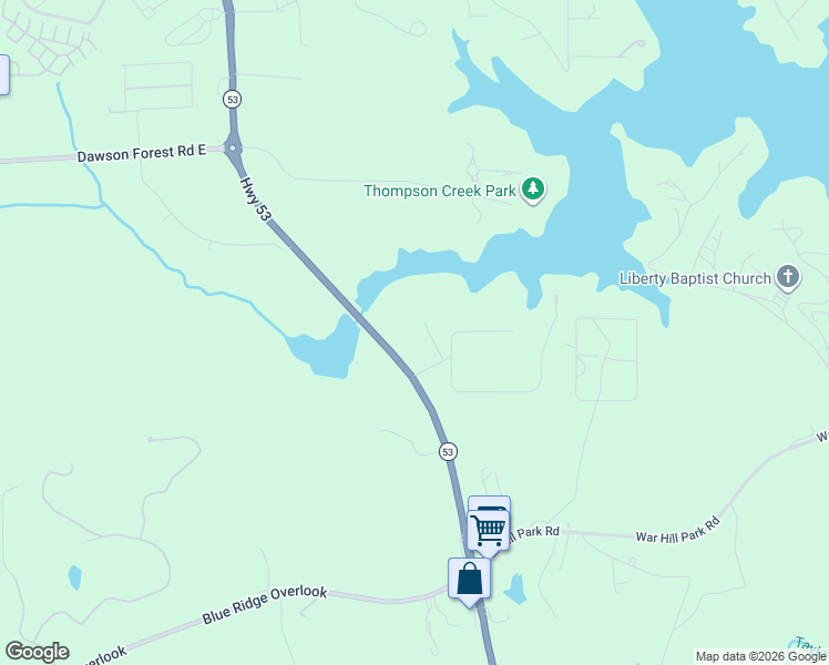 map of restaurants, bars, coffee shops, grocery stores, and more near 55 Sundown Way in Dawsonville