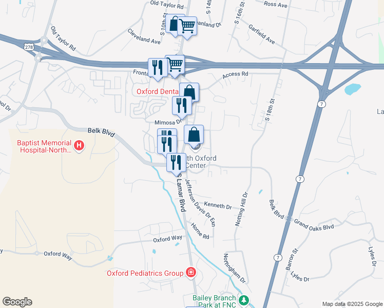 map of restaurants, bars, coffee shops, grocery stores, and more near 1100 Belk Boulevard in Oxford